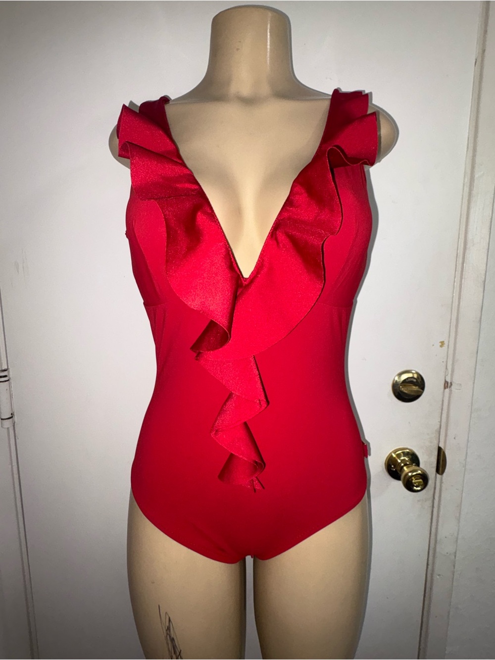 Shan vibrant red one-piece swimsuit Plunge Neckline prominent ruffle Detail 12